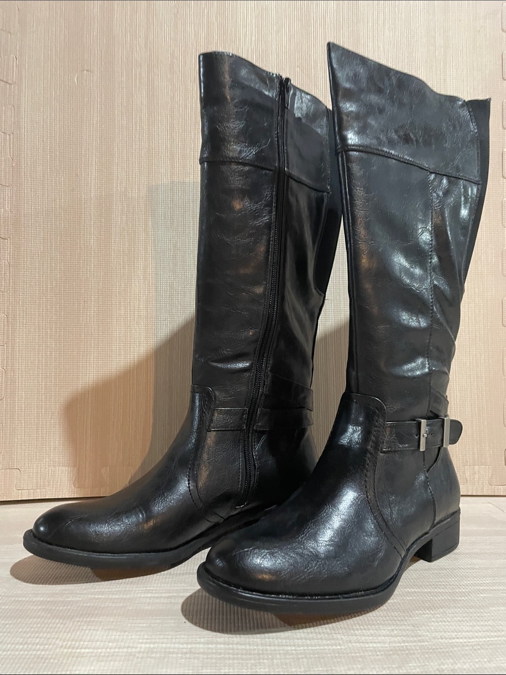 Women's Black Vegan Leather Riding Boots with Buckle Detail